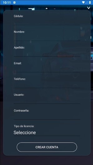 interfaz de registro